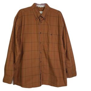 Orvis Mens Shirt Large Brown Red Plaid Checks Button Front Cotton Long Sleeve